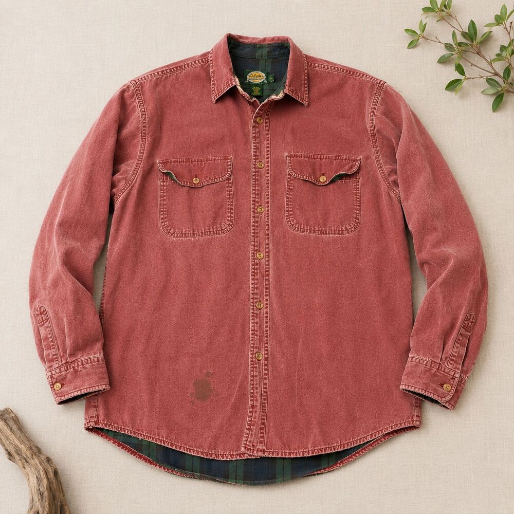 Cabela's 90-0343 Red Plaid Lined Cotton Shirt Jacket Large Workwear Chore
